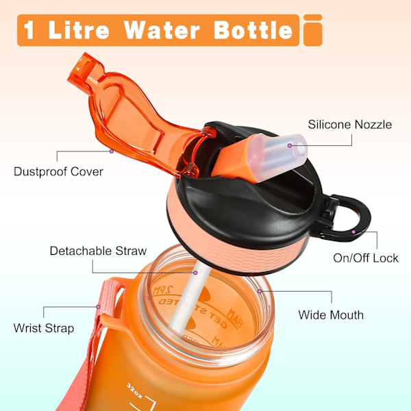 Stor Vandflaske, 1000ml Sportsvandflasker med Strå, BPA Fri, Lækagesikker, Tritan Plastik, Motiverende Drikkflaske til Træning Udendørs Løbetur Orange Green 1000ml