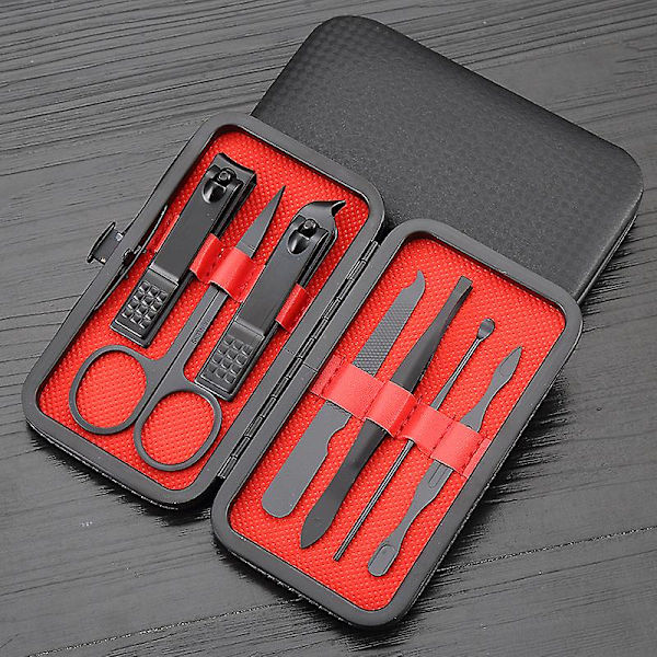 Nagelklippare Manikyr Set, Professionell 7 I 1 Rostfritt Stål Pedikyr Set Med Svart PU Läderfodral För Resor Och Hemanvändning (Rött Läder)