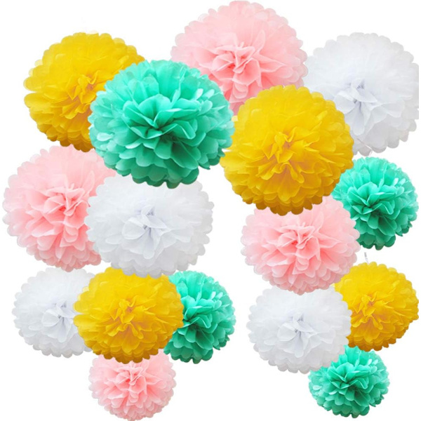 16 st blandade silkespapperspompoms, handgjorda bröllops- och festdekorationer, gula nyanser Yellow Shade