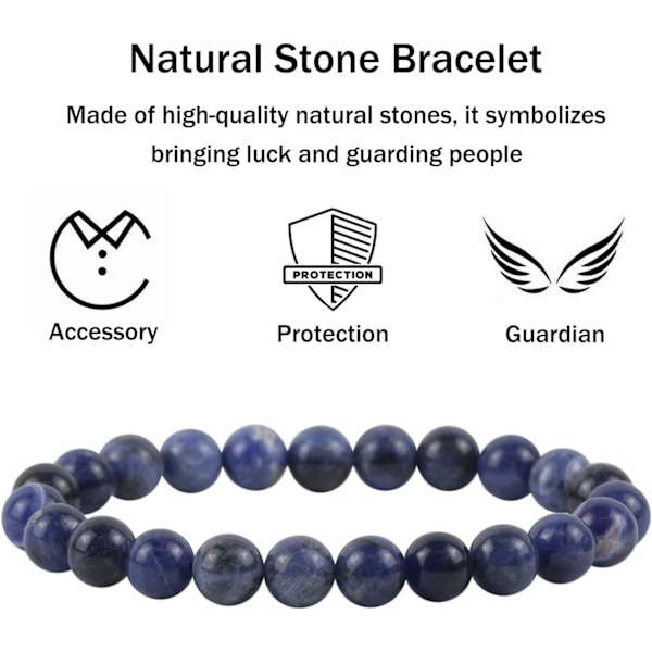 Kristall armband, 8mm Naturstenpärlor Armband, Läkande Kristall Armband för Kvinnor Män Sodalite