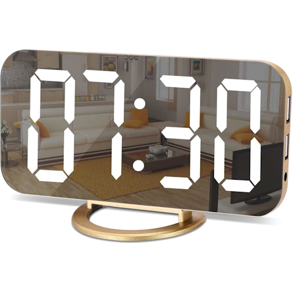 Digital vekkerklokke, LED og speil skrivebords klokke stor skjerm, med to USB laderporter, 3 lysstyrkenivåer, 12/24H, moderne elektronisk klokke for soverom Gold