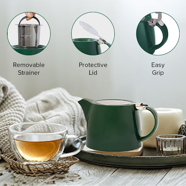 Porselen løsblads tekanne med infuser, sil og lokk | Tekanne for 2 personer | Mørkegrønn | Te- og kaffekanne, tegavepakker - 500 ml/17 oz Green