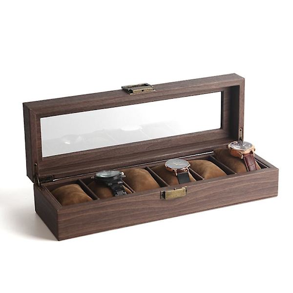 Klocklåda med 6 fack, klocklåda, smyckeskrin, glaslock, sammetsdynor, lås, 11,2 x 30 x 8 cm, beläggning i brunt och foder i brunt