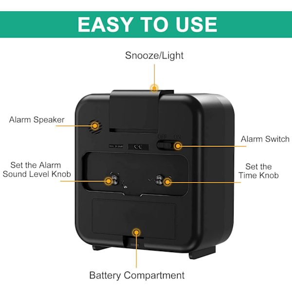 Väckarklocka, Tyst Väckarklocka Sängbord Icke-Tickande Bordsklockor Sängbordsklocka Batteridriven Stor Display Snooze Ljusklockor för Tung Sömn Black