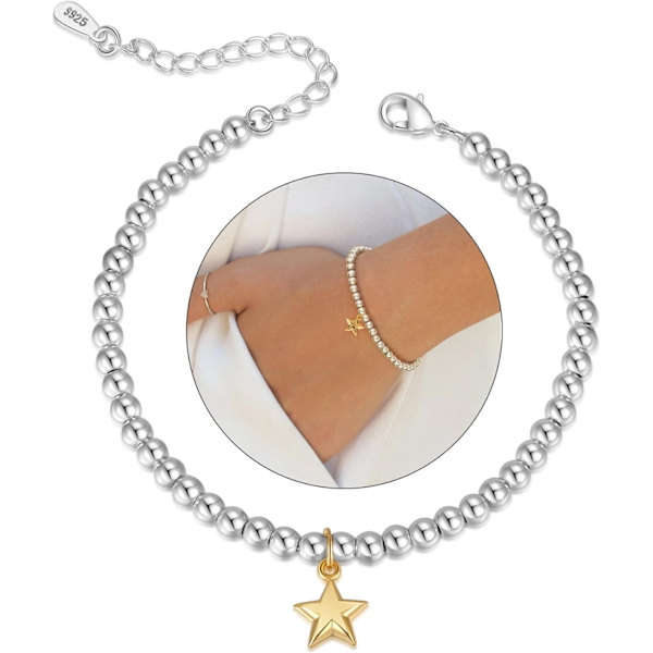 Armband i Sterling Silver för Kvinnor 5MM Runda Silverpärlor Justerbart Stjärnberlock Armband för Kvinnor Tonårsflickor Silver Damarmband WhiteBeadStar