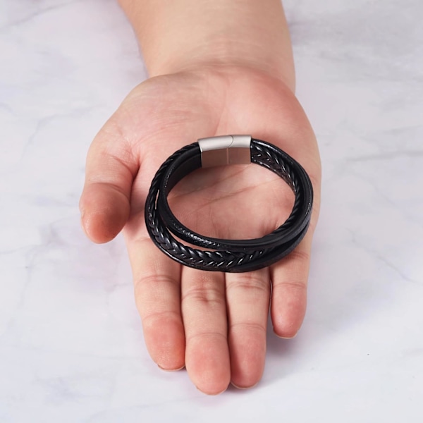 Mænds Ægte Sort Læderarmbånd med Rustfrit Stål Spænde
