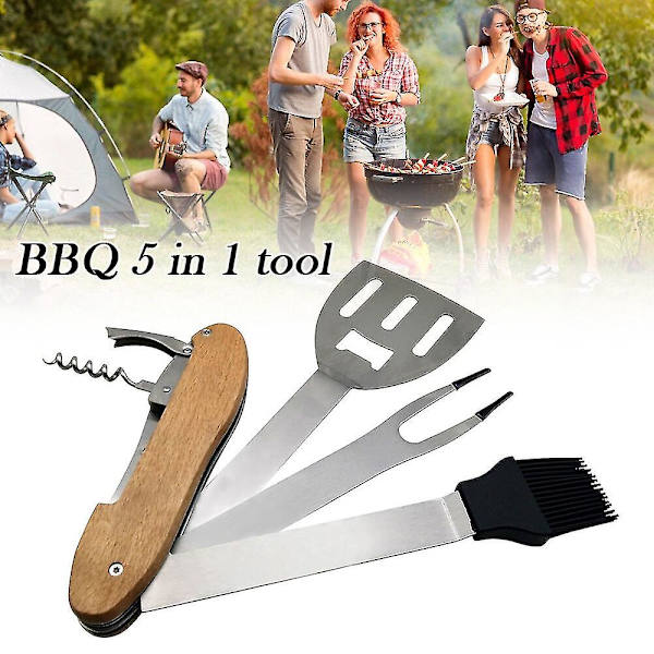 5 i 1 Foldbar Grillværktøj, Bærbart Multifunktionelt Udendørs Camping Grillværktøj