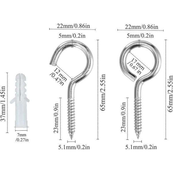 10 Pieces Screw Eye Screw, Eye Screw Stainless Steel Screw Hook, With 10 Pcs Dowels Kit, 5 * 65mm, For Chandeliers, Crafts