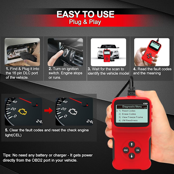 Auton OBD2-skanneri, yleinen langallinen automaattimoottorin vikakoodinlukija CAN-diagnostiikkatyökalu V309 moottorin vikavalon tarkistamiseen, I/M-valmius savutarkastukseen, HD LCD V309