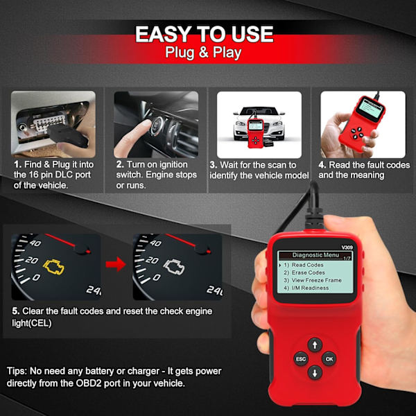 Bil OBD2-skanner Universell kablet automatisk motorfeilkodeleser CAN diagnostisk skannerverktøy V309 for sjekk av motorlys, I/M-beredskap Smog-sjekk, HD LCD V309