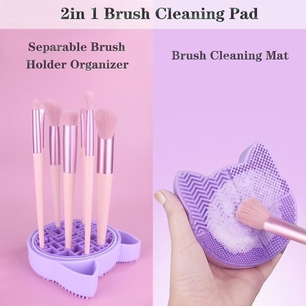 2-in-1 Design Makeup Brush Cleaning Mat And Makeup Brush Drying Rack, Silicone Cat Shape Makeup Brush Cleaning Mat And Makeup Brush Organiser