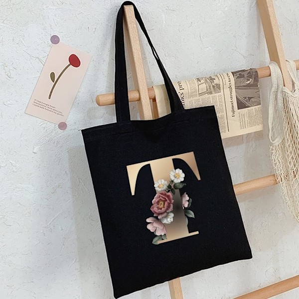26 bogstaver trykt lærred genanvendelige indkøbsposer, sammenklappelig afslappet rejse håndtaske, skulder strand tote tasker, shopper taske miljøvenlig super stærk vaskbar Gold T