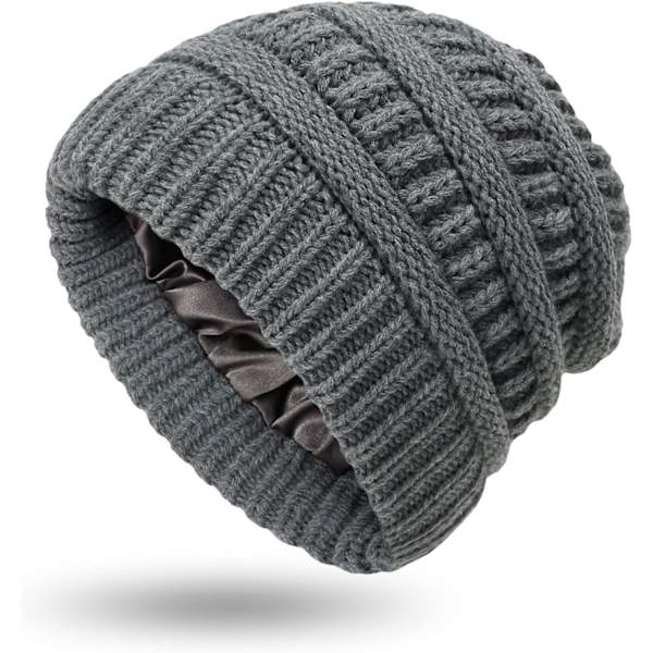 Varm Vinter Strikket Satin Silke Hat Foret Kabelstrikket Beanie Chunky Slouchy Skull Beanie til Kvinder, Grå, S-XL