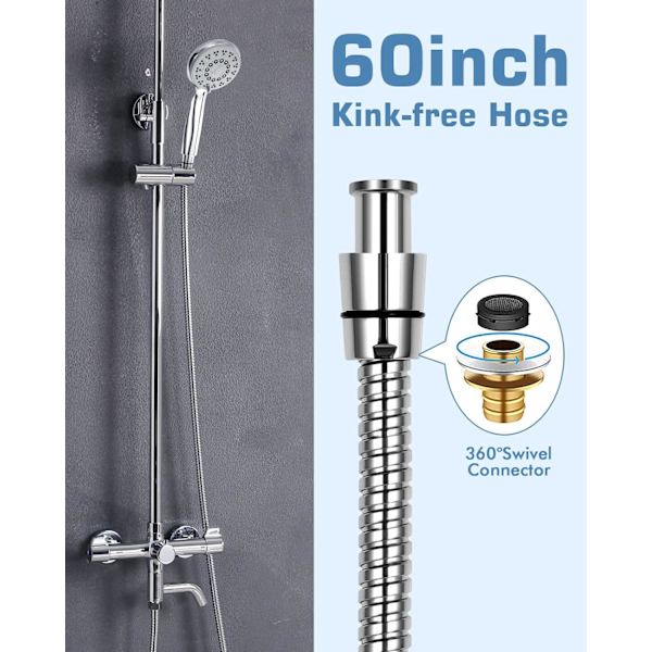 Dusjhode og slange sett, 1,5m rustfritt stål slange med 3 pakningsringer og 1 tape fleksibel slange, Høytrykks hånddusjhode og slange, Wa Without Flash