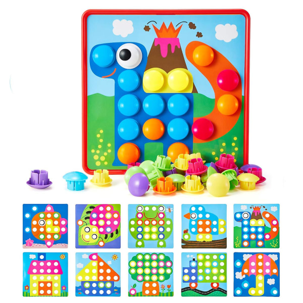 Knapkunstlegetøj til småbørn, Geekper-farvematchende mosaikpindebræt, Early Learning pædagogisk legetøj til børn, 10 billeder og 58 knapper