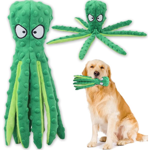 Kvækkende Hund Interaktivt Legetøj, Fyldfri Blæksprutte Hund Tyggelegetøj med Krøllet Papir til Mellemstore og Store Hunde (Grøn) Green