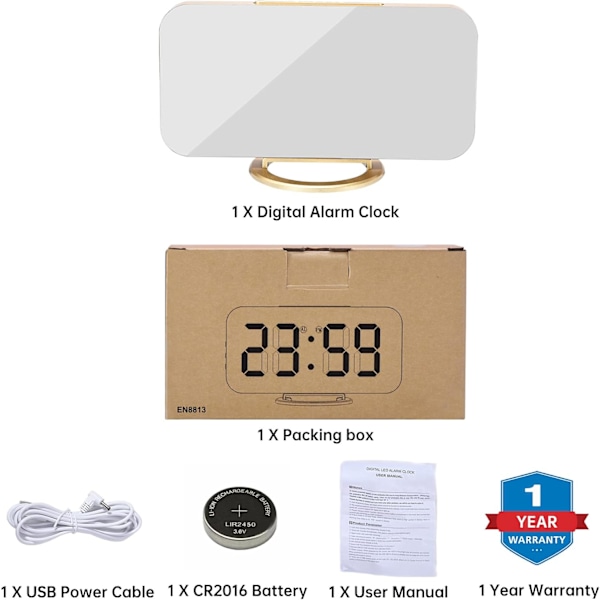 Digital väckarklocka, 6,5 tum LED och spegel elektronisk klocka, med dubbla USB-portar, batteribackup, automatisk dimmer, modern skrivbords klocka för sovrum Goldred
