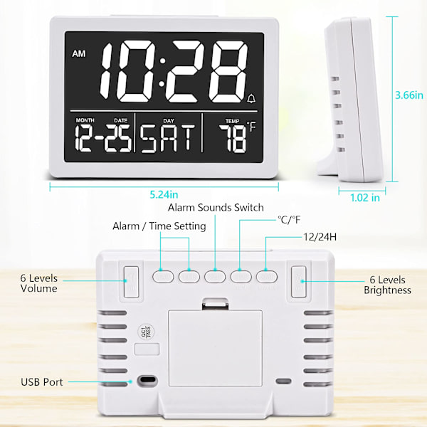 Väckarklocka, Digital Klocka, Elektrisk Digital Klocka med 5,5\" LED-Display, Ljusstyrka, Justerbar Volym, Datum och Temperatur, Bordsklocka för Sängar white