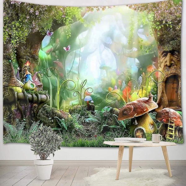 Grøn Jungle Gobelin 150x200cm Skovvægbeklædning Fantasy Eventyr Vægtæppe Børne Soveværelse Stue Dorm Vægdekoration, Fødselsdagsfest