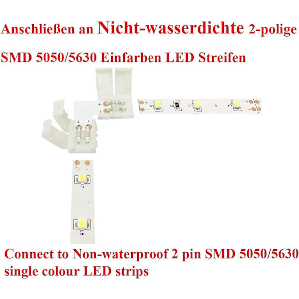 10 st L-formade LED-remsanslutningar 2-polig, för 10 mm breda enfärgade SMD 5050 5630 LED-remsor, snabbkoppling