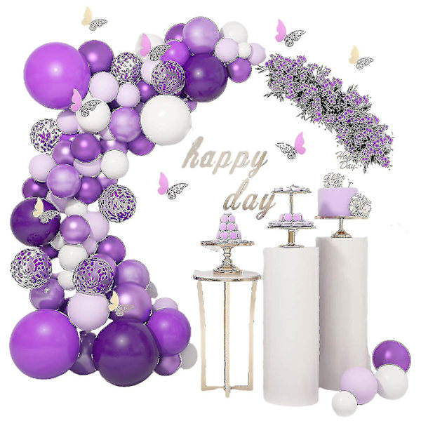 Violetti ilmapallojen seppelekaarisetti valkoinen violetti konfettilattexmetalliilmapallot