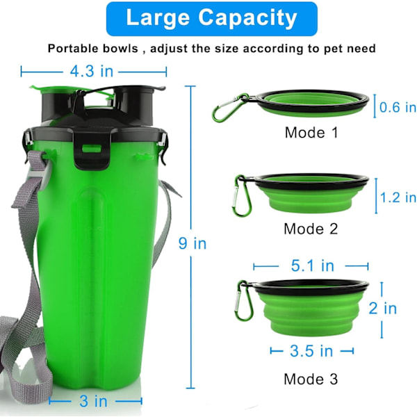 Bærbar vannflaske og matbeholder for kjæledyr til reise 2-i-1 dobbeltkammerflaske med 2 sammenleggbare skåler Hunder Katter Mater Vann Matflaske Utendørs Green