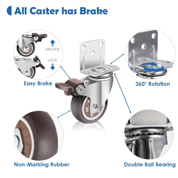 Sidemonterte hjul 2 tommer L-formet, kraftige hjul med bæreevne 600 lbs, 360 graders platemontasje, vognhjul for møbler, sett med Brown