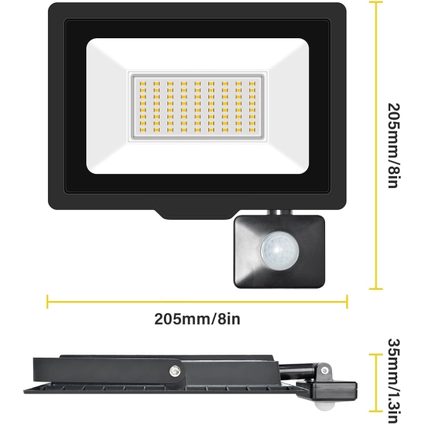 LED-sikkerhetslys utendørs bevegelsessensor 50W LED-flomlys 5000lm IP66 vanntett PIR-lys varmt hvitt 4000K vegglampe for hage bakgård Gar Warm White 4000k 50W