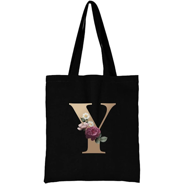 26 bokstäver tryckt canvas återanvändbara matkassar, hopfällbar casual resehandväska, axel strand tote väskor, shopper väska miljövänlig superstark tvättbar Gold Y