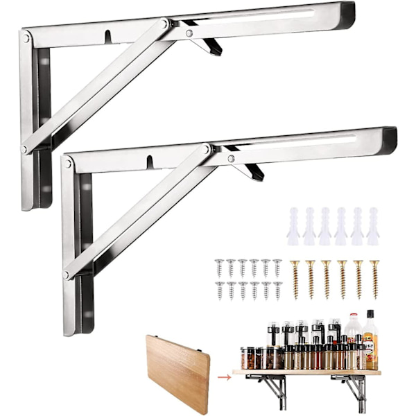 Folding Brakett 350 mm, 2 stk. Folding Konsollbrakett i Rustfritt Stål, Folding Hyllebraketter Last, Heavy Duty Retractable Folding Konsollbrakett