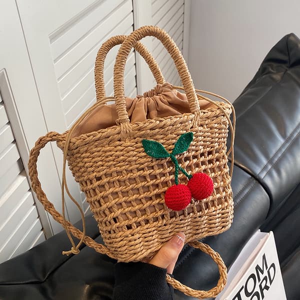 Små stråväskor för kvinnor Sommar Crossbody-väskor Dam Reseplånböcker och handväskor Axelväska Khaki khaki cherries
