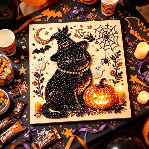Halloween väggdekoration \"Magic Cat\" – Handgjort 3D pärlkonstkit – 20 x 20 cm Style 2