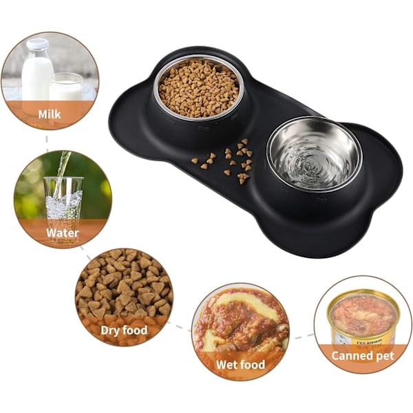 2 x 400ML Hunde- og Katteskåle med Skridsikker Silikonmåtte, Dobbelt Skål i Rustfrit Stål til Hvalpe, Små og Mellemstore Hunde, Mad og Vand
