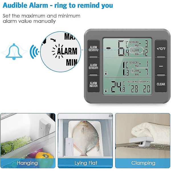 Køleskabs Termometer, Digital Alarm Fryser Termometer, Trådløst Indendørs Udendørs Termometer Med 2 Sensorer