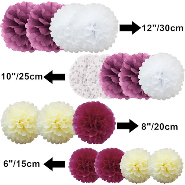 16 st blandade silkespapperspompoms, pom poms blommor handgjorda bröllopsfestdekorationer bollar, Bourgogne nyans Burgundy Shade