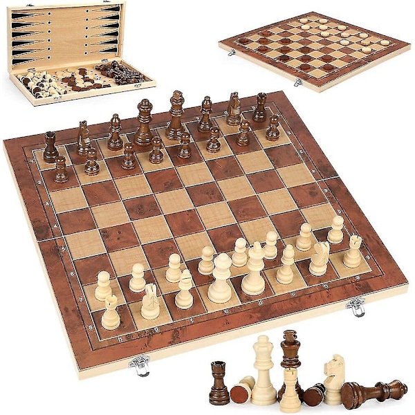 Schackbräde Damspel Backgammon 3-i-1 Spelset Trä Schackset