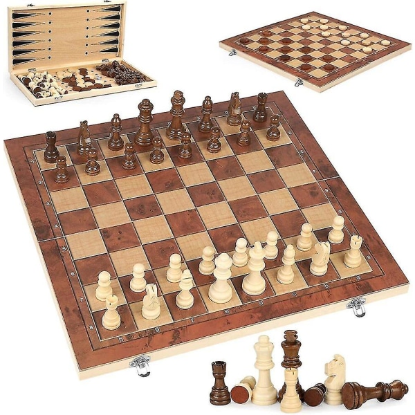 Sjakkbrett, Dame og Backgammon 3-i-1 Spillsett Tre Sjakksett