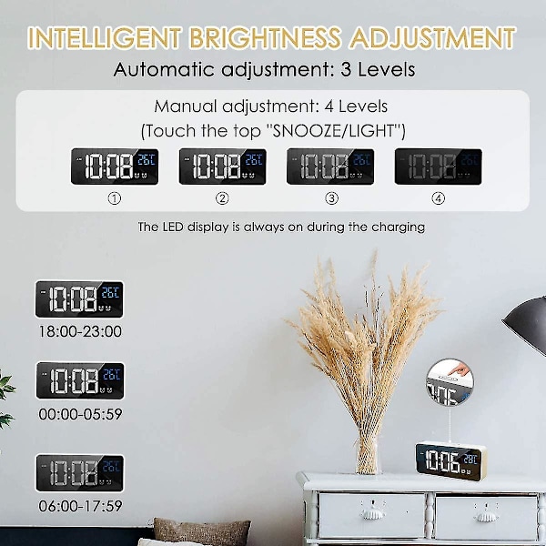 LED Digital Vækkeur, Digital Vækkeur Spejl Skrivebordsur USB Genopladeligt Rejsevækkeur Med 2 Alarm/snooze/temperatur