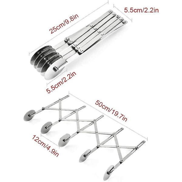 5-hjulet konditorikutter, rustfri pizzaskjærer, utvidbar pizzaskjærer, konditorrulle, kjeksdeigskjærer, deler