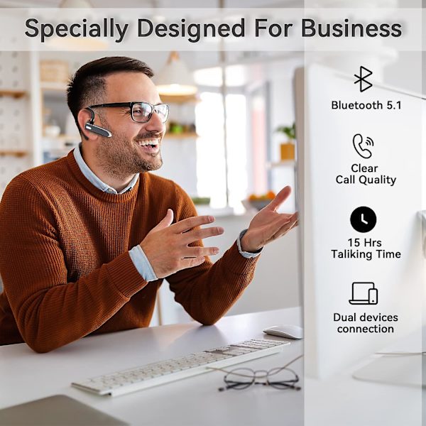 Bluetooth enkelt trådløs øretelefon håndfri telefon håndsæt, Usb-c opladning, vandtæt øretelefon til kørsel/forretning/kontor med Android/ios, bærbar computer