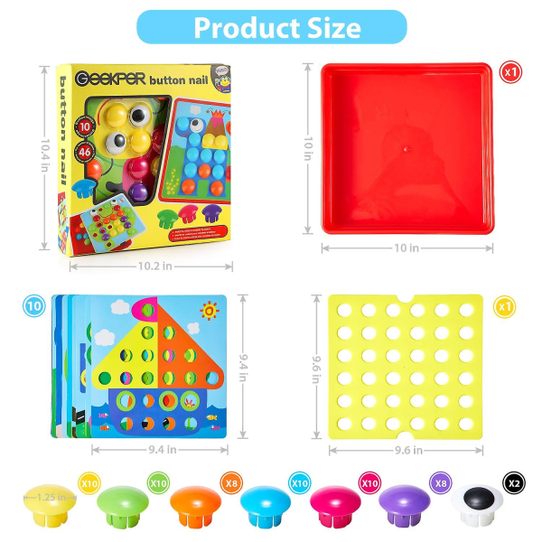 Button Art Leksaker för småbarn, Geekper färgmatchande mosaik Pegboard, Early Learning pedagogiska leksaker för barn, 10 bilder och 58 knappar