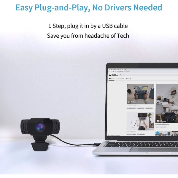 1080p webcam med mikrofon, usb 2.0 stationær bærbar computer webkamera med automatisk lyskorrektion, plug and play
