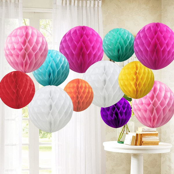 12 stk. Tissue Paper Honeycomb Balls, Poms Fødselsdag Baby Shower Bryllup Dekorationer (Farverig) Colorful 12 Balls