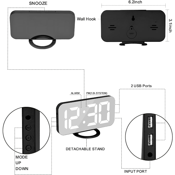 LED RGB Digital väckarklocka, med 11 färglägen, spegelyta, dubbla USB-laddningsportar, moderna skrivbordsur för sovrum, hemmakontor - Svart Blackrgb