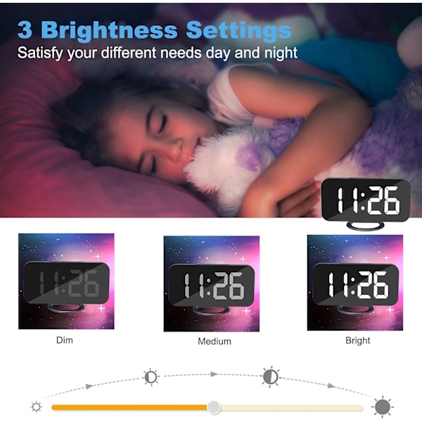 Vekkerklokke for soverom, LED og speil digital klokke med stor skjerm, med 2 USB-laderporter, automatisk dimming, snooze-funksjon, moderne skrivebord-/veggklokke Navy Blue