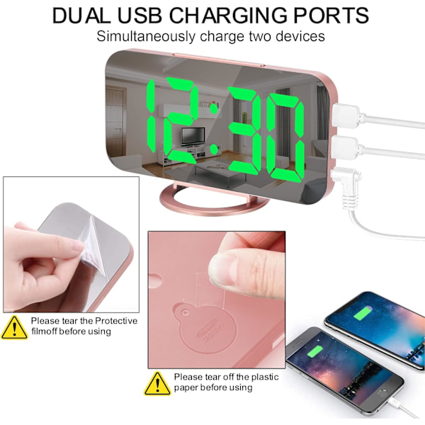 Digital väckarklocka, 6,5 tum stor LED-spegelklocka, med 2 USB-laddningsportar, automatisk dimmer, 12/24H, modern skrivbordsklocka för hem, sovrum, kontor Rose Goldgreen