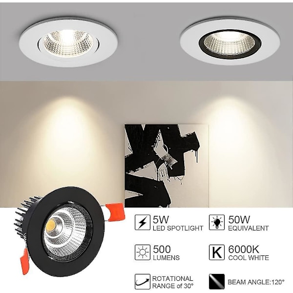 6 x LED-downlights, 5W indbyggede loftslamper, varmt hvidt IP44 til badeværelse, køkken, stue, gang (sort)