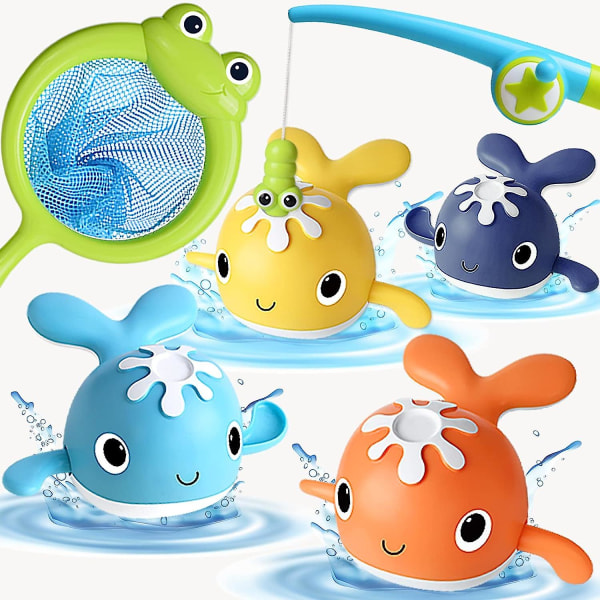 Babybadelegetøj,fiskespil Bad Babylegetøjslegetøj Gaver til børn,babybadelegetøj -4 Whale Water Brusetøj&1 fiskestang&1 net