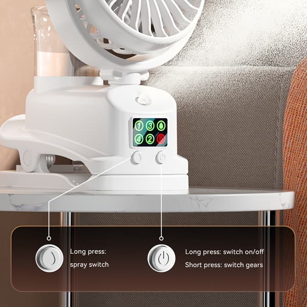 Dette er en hvid 2-i-1 ventilator og luftfugter: en ventilator med integreret befugtningsfunktion.