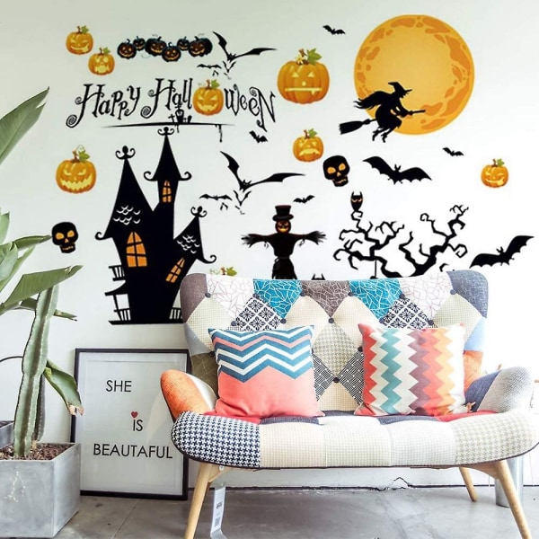 Happy Halloween Home Decor Veggklistremerker Witch Bats Edderkopper Gresskar Lantern Cat Wall Decals